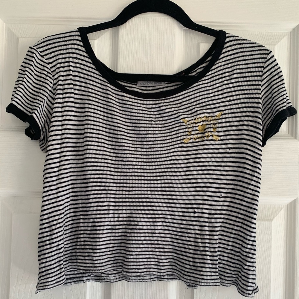 Distressed Striped Crop Tee with Gold Accents